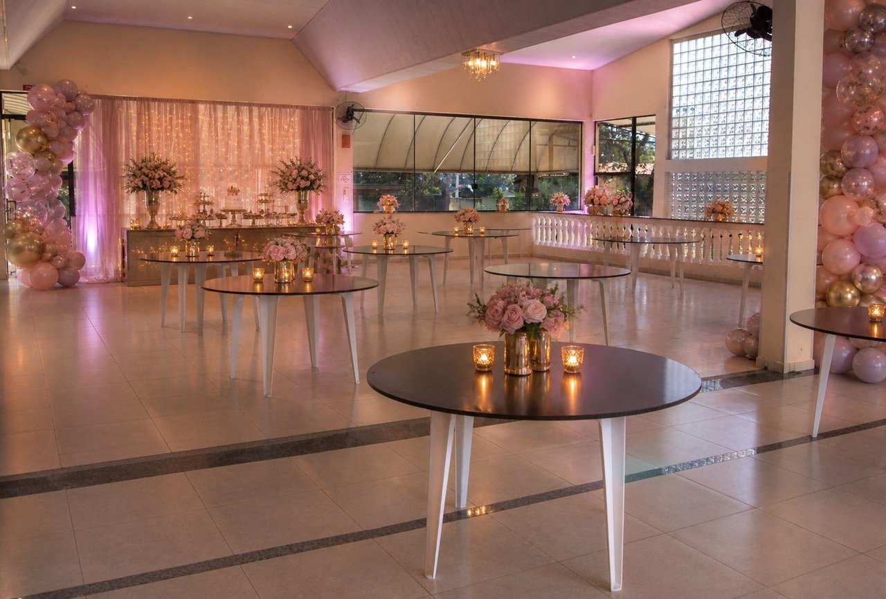 Salão do Espaço Kivile decorado para festa de 15 anos, em tons de rosa e lilás