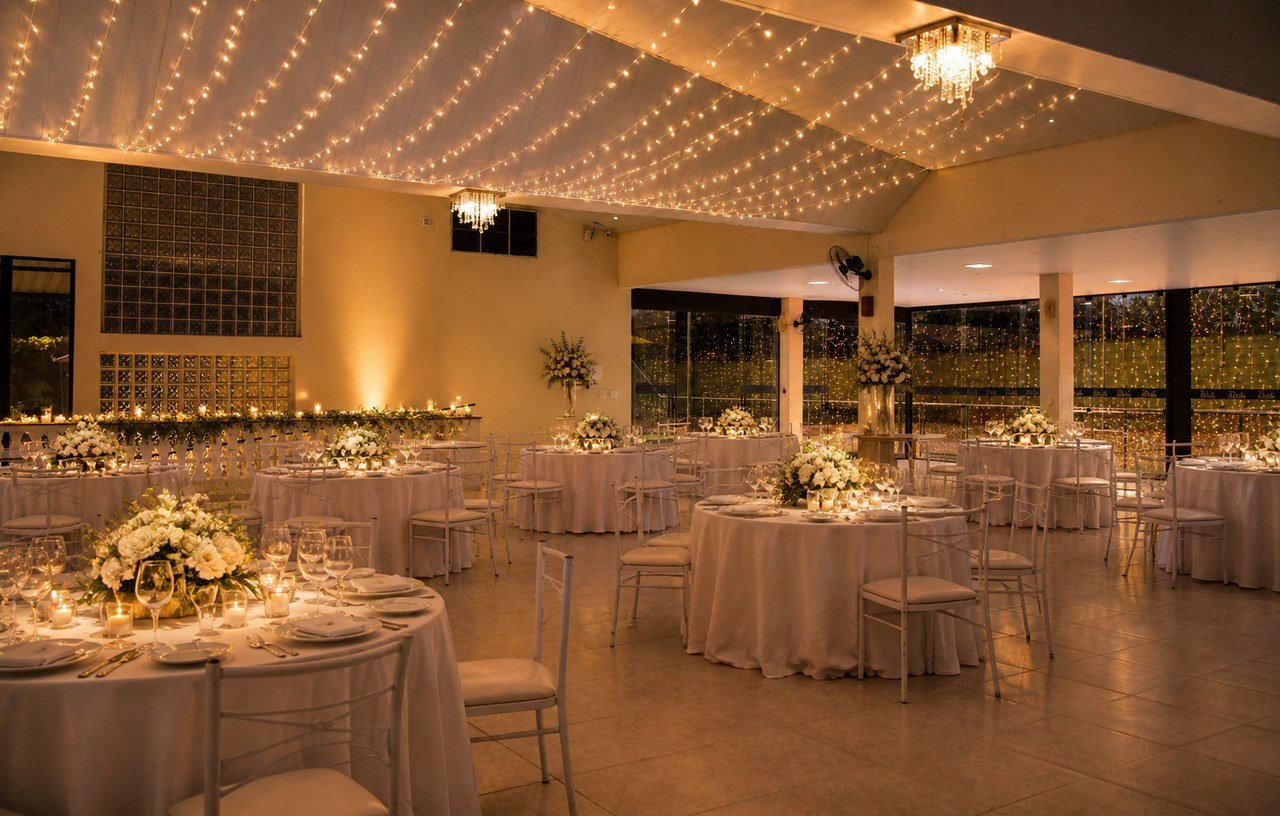 Salão do Espaço Kivile decorado para casamento, com mesas elegantes e flores brancas