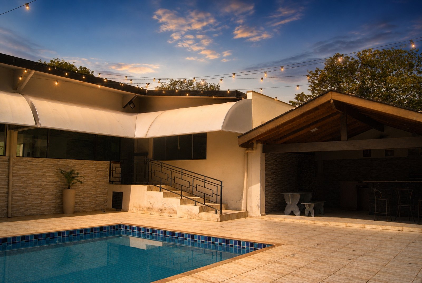 Piscina e área de convivência do Espaço Kivile ao entardecer, com iluminação decorativa e céu cinematográfico